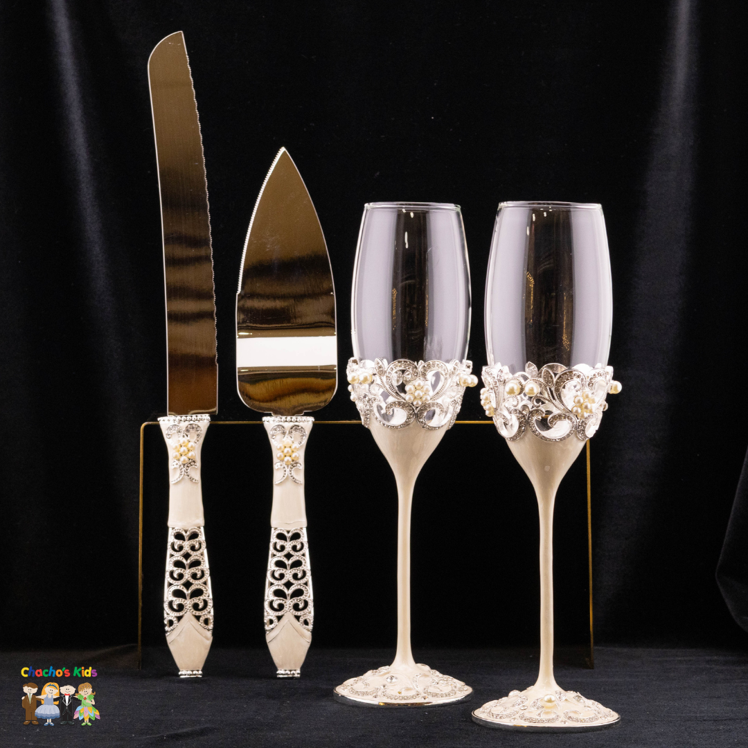 Wedding Flutes & Serving Set- Silver-007