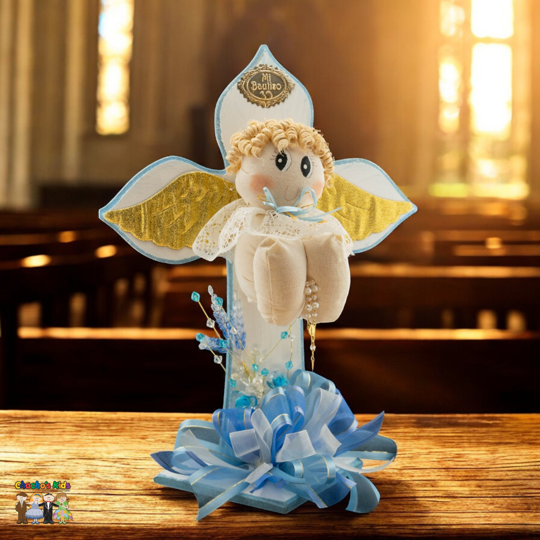 Boys Handcrafted Baptism Centerpiece (Angel Cross)-Spanish