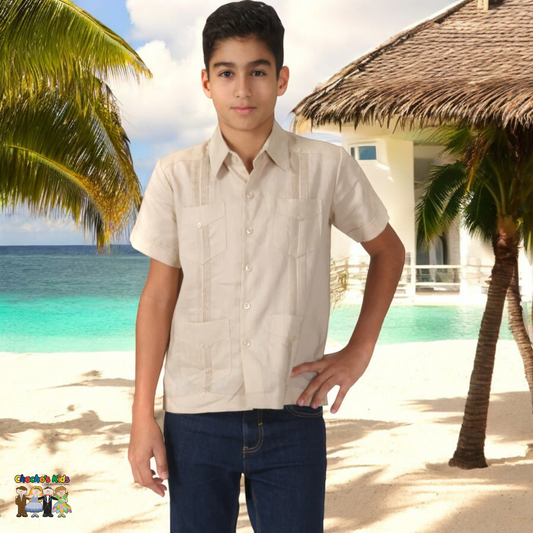 Boys Guayabera (1645)-Boys-Khaki-12Y-Chacho’s Kids