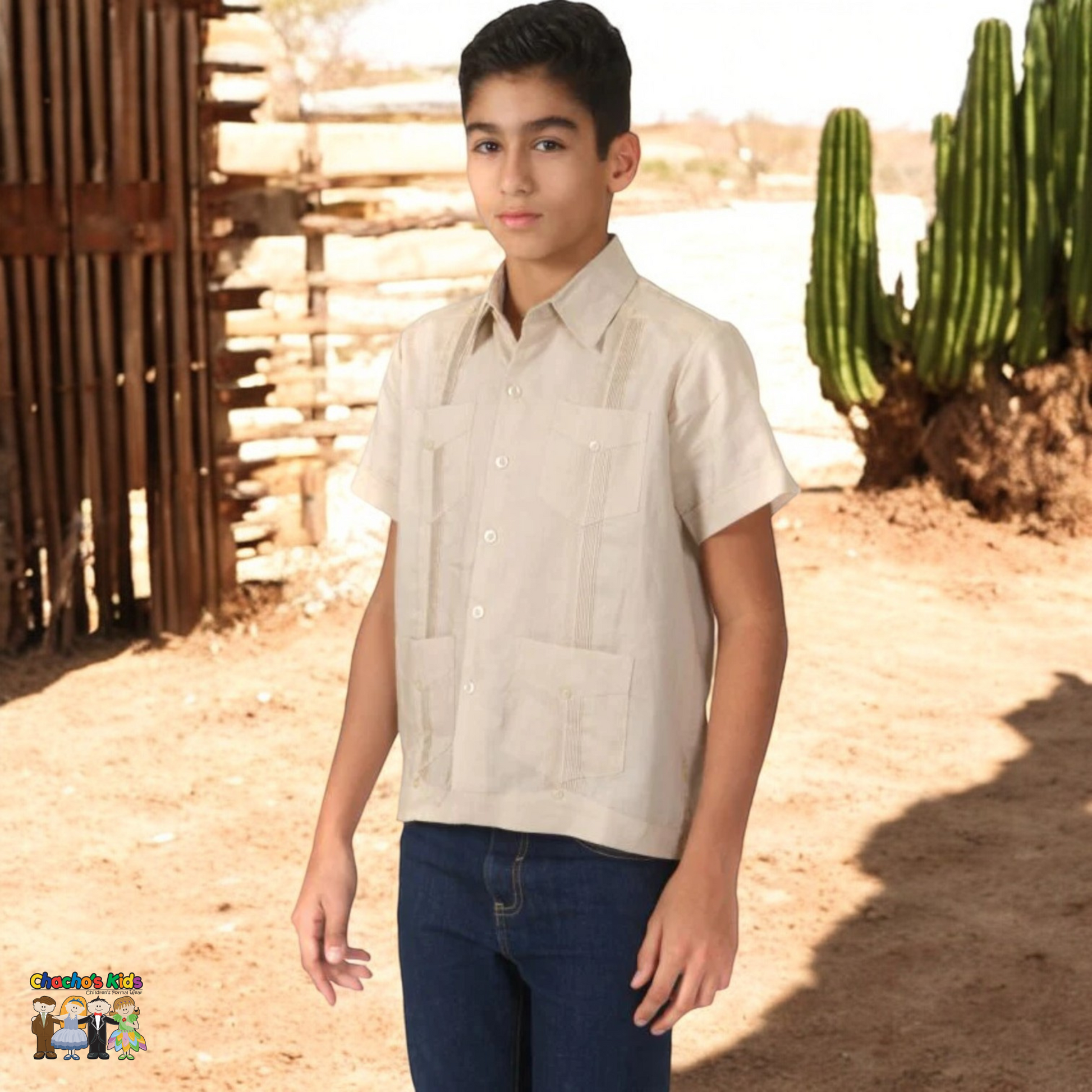 Boys Guayabera Linen (1671)-Boys-Champagne-12Y-Chacho’s Kids