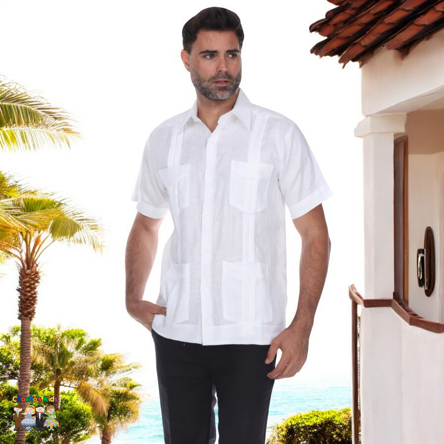 Men's Guayabera Linen (4678)-Boys-White-S-Chacho’s Kids