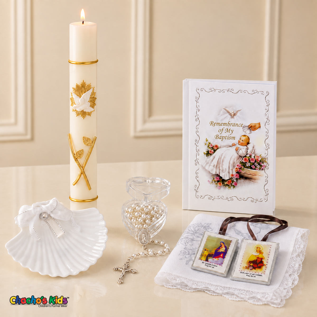 English six-piece baptism set with lit gold-dove candle, shell, rosary in heart-shaped case, prayer book, scapular and lace handkerchief – Chacho's Kids.