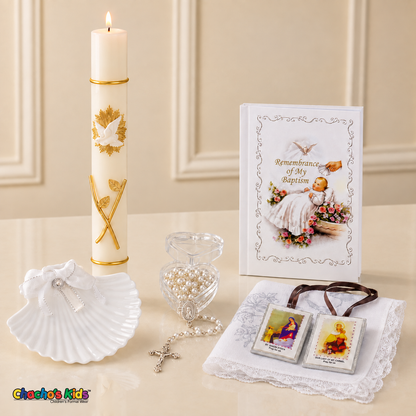 English six-piece baptism set with lit gold-dove candle, shell, rosary in heart-shaped case, prayer book, scapular and lace handkerchief – Chacho's Kids.