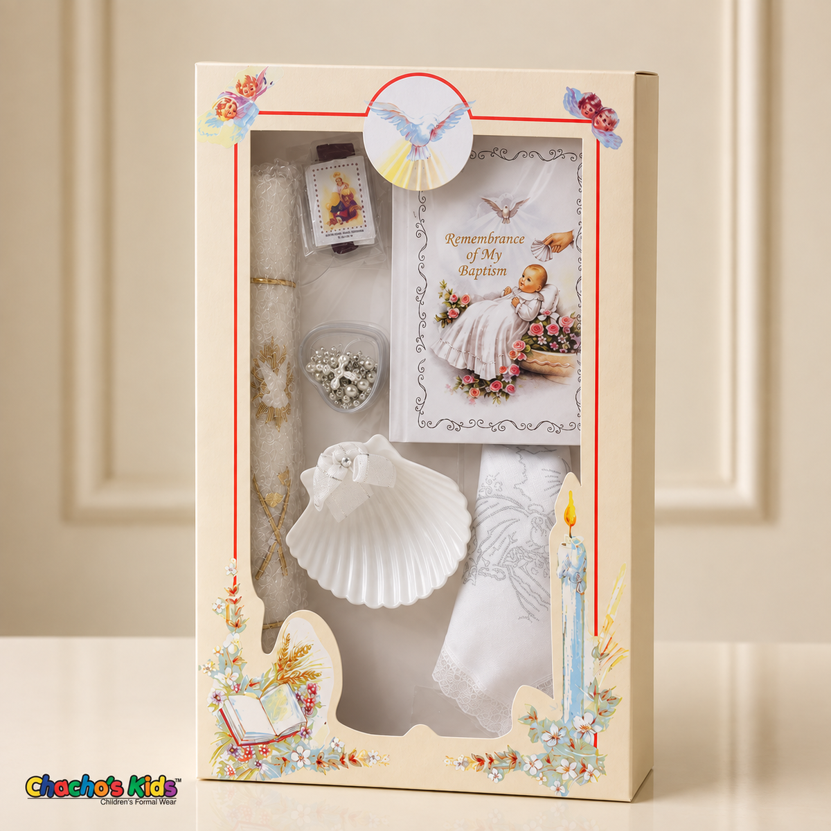 English six-piece baptism candle set in its upright decorative window gift box, with English prayer book, shell, rosary, scapular and handkerchief – Chacho's Kids.