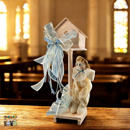 Boys Handcrafted Baptism Centerpiece (Doll Bird House)