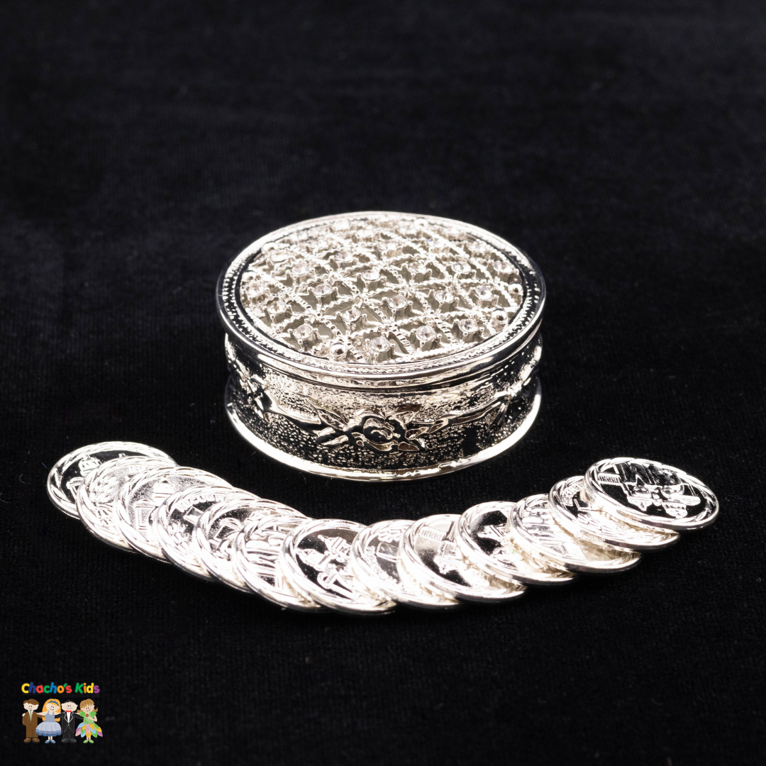 Wedding Arras-2" Silver Round Arras Box & Coin Set with Rhinestones-Chacho's Kids