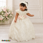 Ivory lace girls baptism ball gown with pink floral belt and bonnet - Chacho's Kids