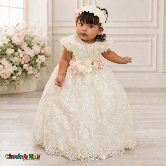 Ivory lace girls baptism ball gown with pink floral belt and bonnet - Chacho's Kids