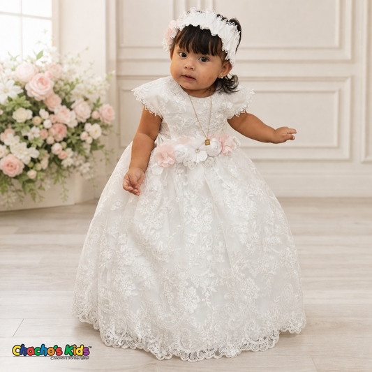 White lace girls baptism ball gown with pink floral belt and bonnet - Chacho's Kids