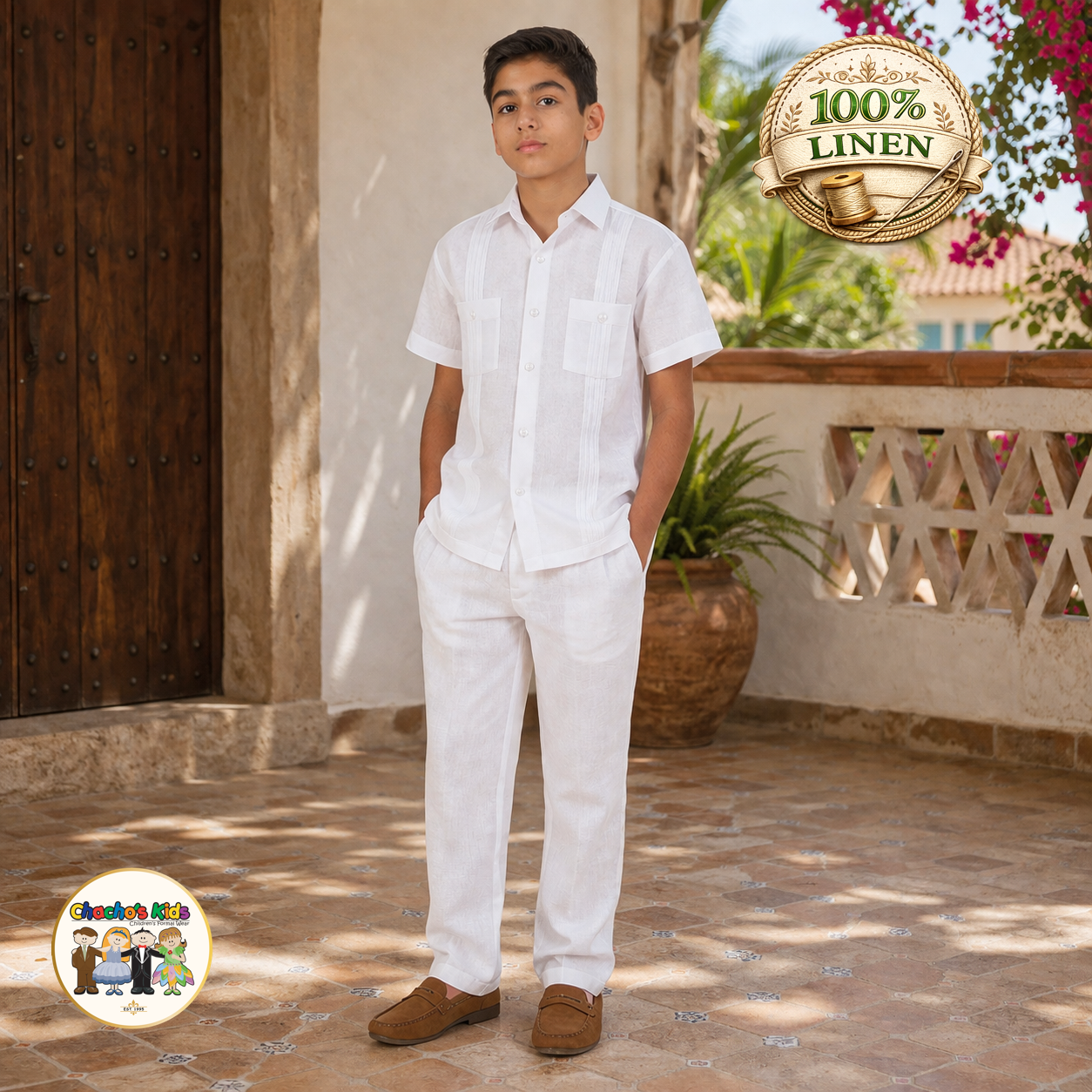 Boys 100% Linen Guayabera Set (White)