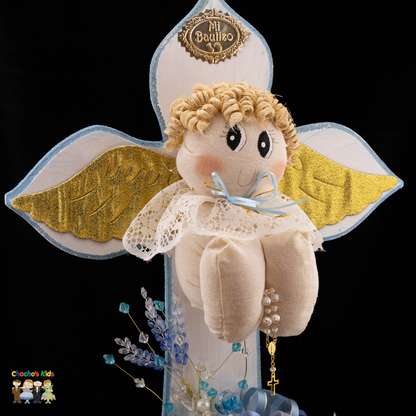 Boys Handcrafted Baptism Centerpiece (Angel Cross)-Spanish