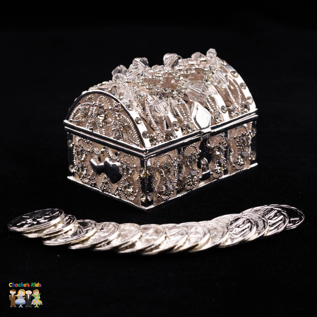 Wedding Arras-2-1/4" Silver Double Heart Crystal Treasure Chest Arras Box & Coin Set-Chacho's Kids