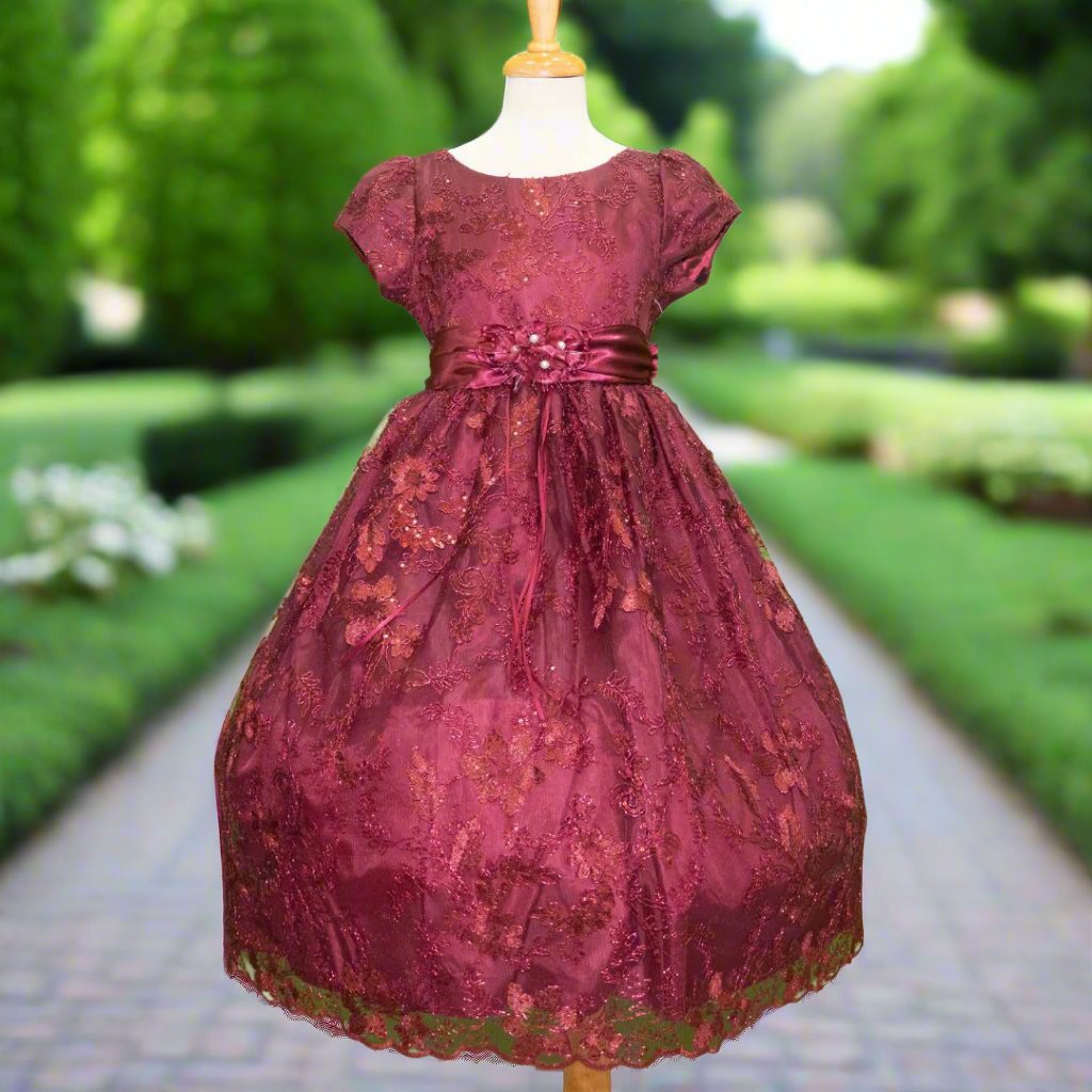 Burgundy embroidered flower girl dress with satin bow, cap sleeves and full tulle skirt