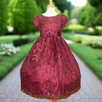Burgundy embroidered flower girl dress with satin bow, cap sleeves and full tulle skirt