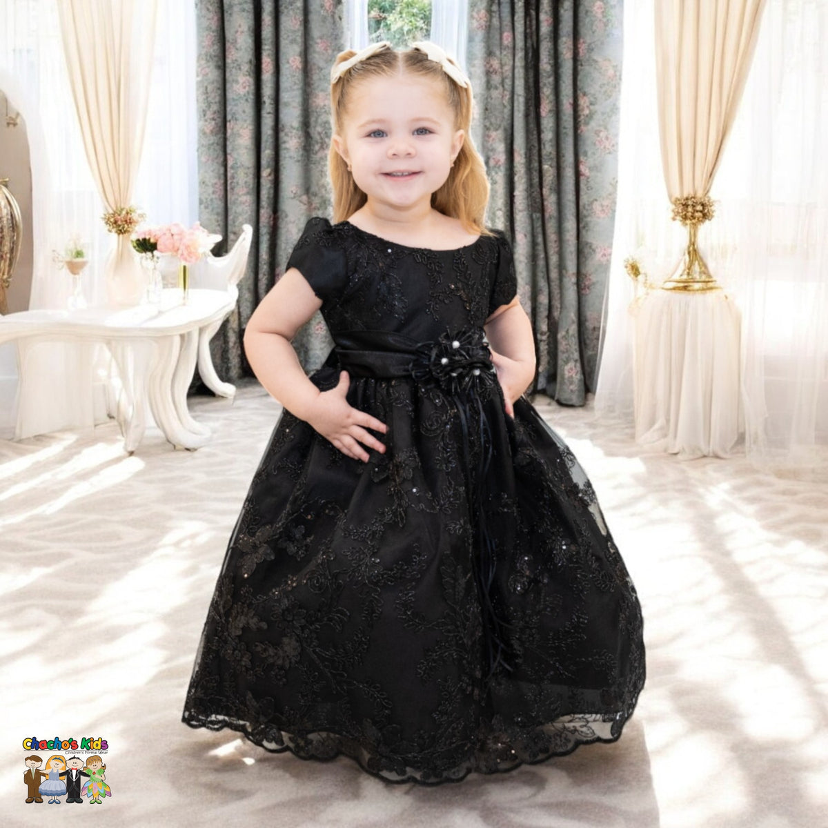 Embroidered flower girl dress back view with zipper, ribbon tie-back and full tulle skirt