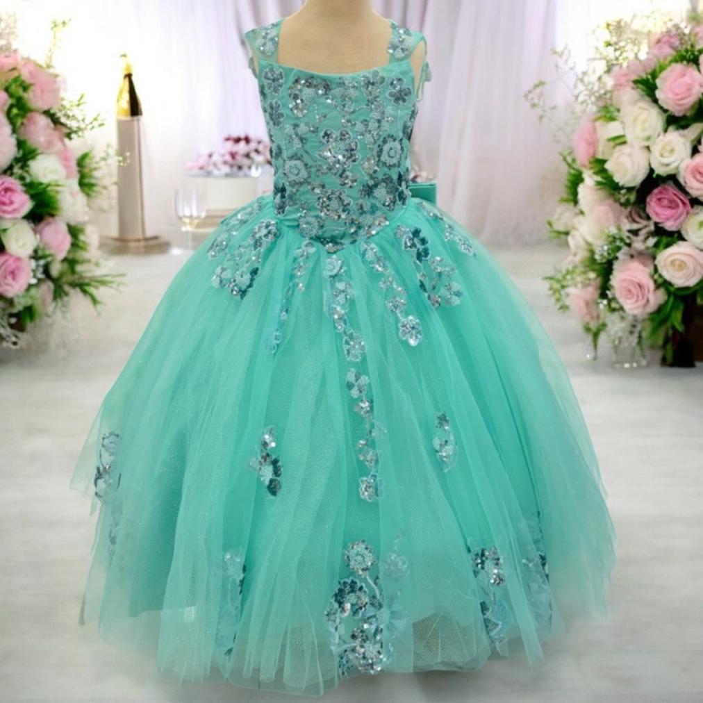 Ball Gown Dress (02631)-Girls-Aqua Mint-2-Chacho's Kids