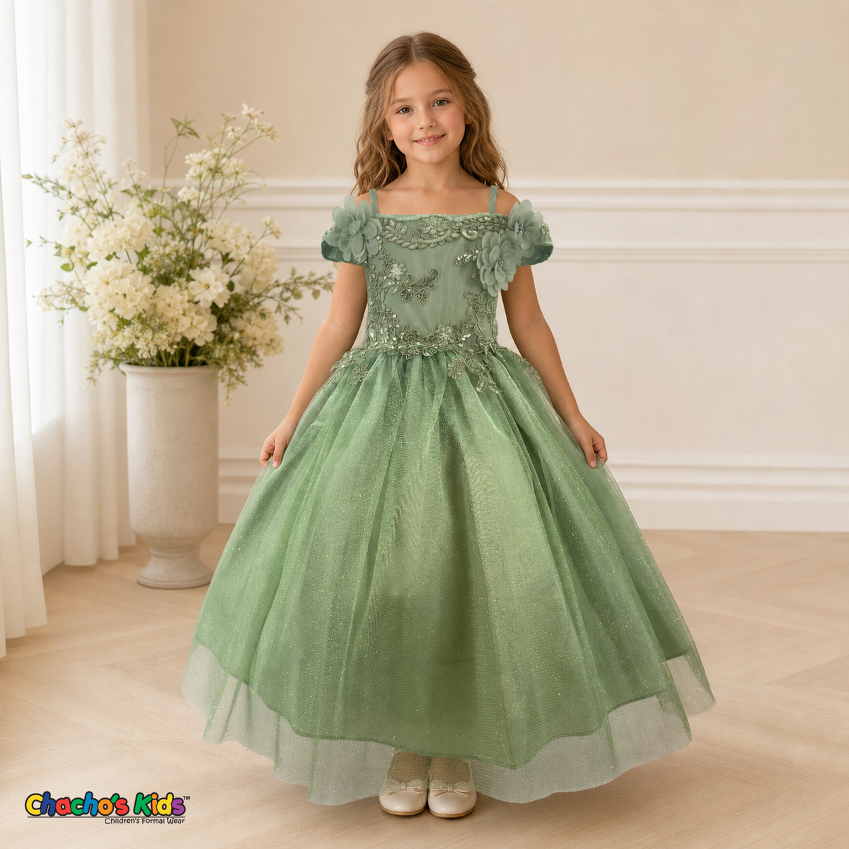 Sage green embroidered tulle party and flower girl dress, front view on a girl model, style 430