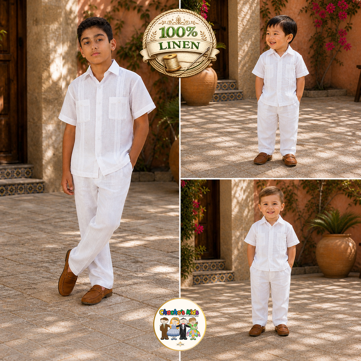 Boys 100% Linen Guayabera Set (White)