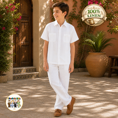 Boys 100% Linen Guayabera Set (White)