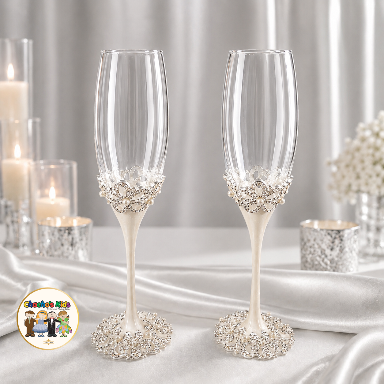 Pearl Blossom Wedding Flutes (Silver)-090