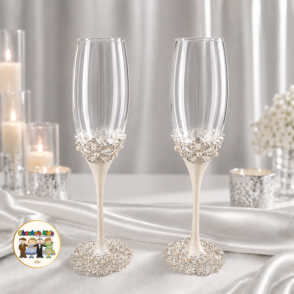 Pearl Blossom Wedding Flutes (Silver)-090