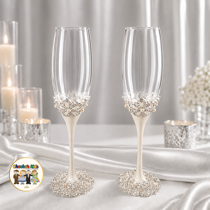 Pearl Blossom Wedding Flutes (Silver)-090