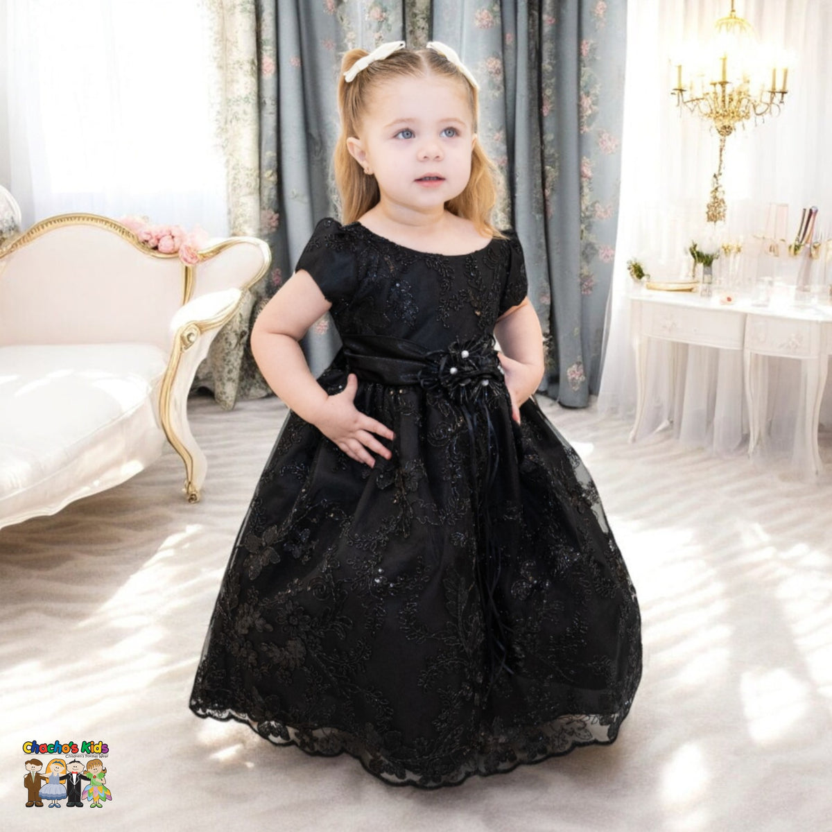 Embroidered flower girl dress close-up with floral organza bodice and satin bow