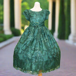 Emerald green embroidered flower girl dress with satin bow, cap sleeves and full tulle skirt