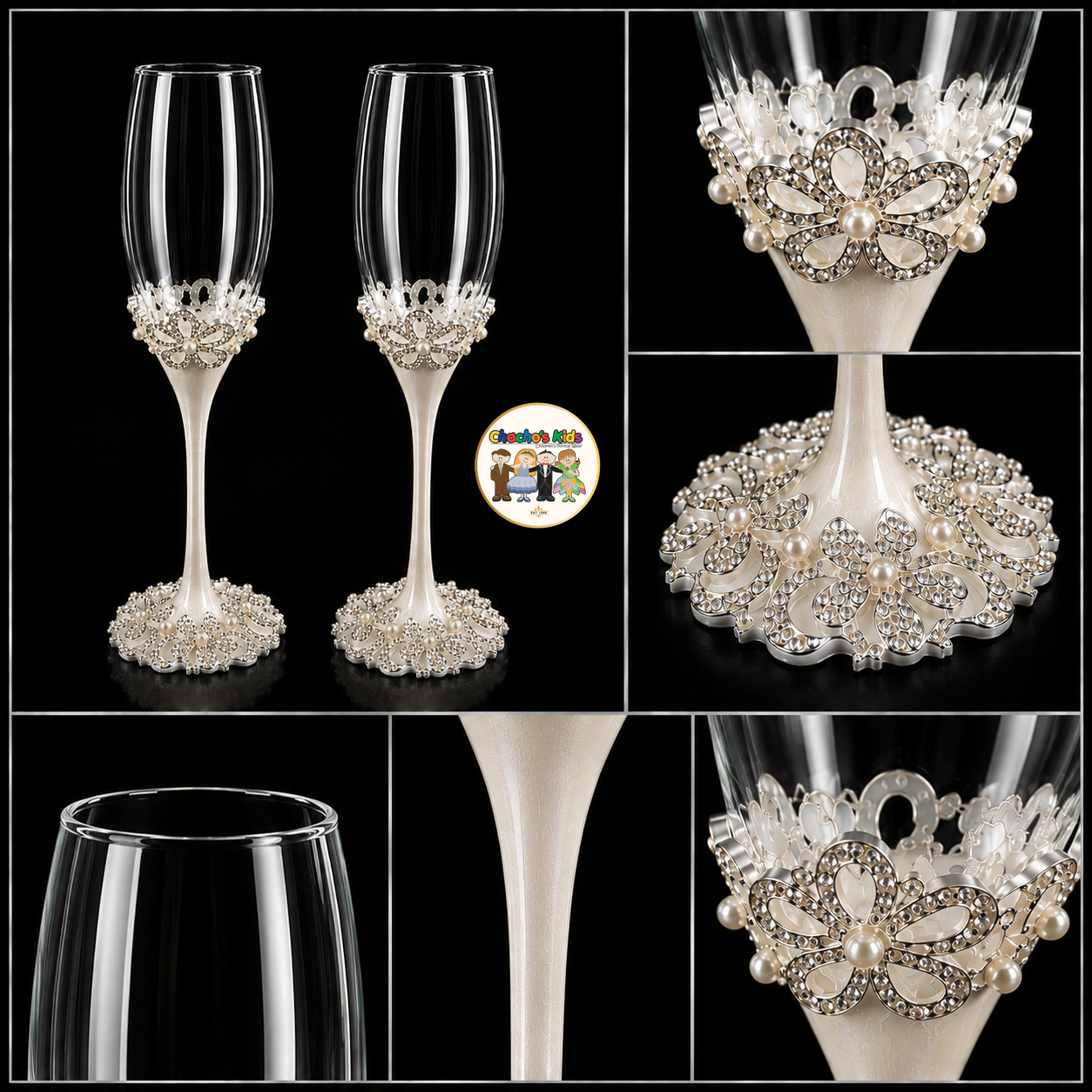 Pearl Blossom Wedding Flutes (Silver)-090