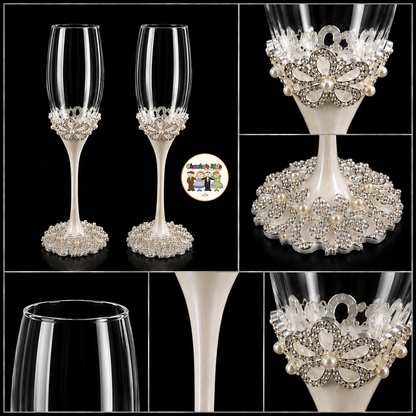 Pearl Blossom Wedding Flutes (Silver)-090