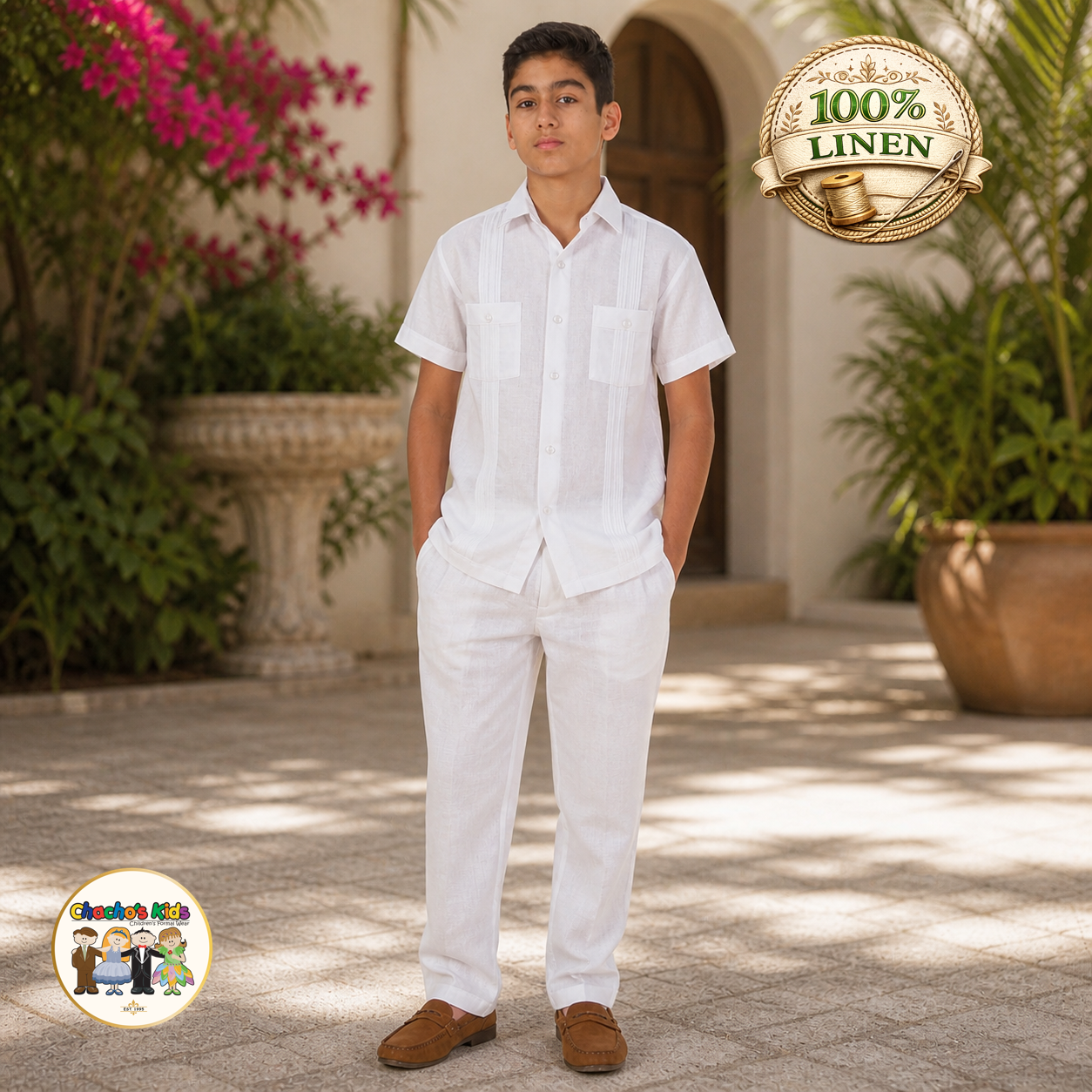 Boys 100% Linen Guayabera Set (White)