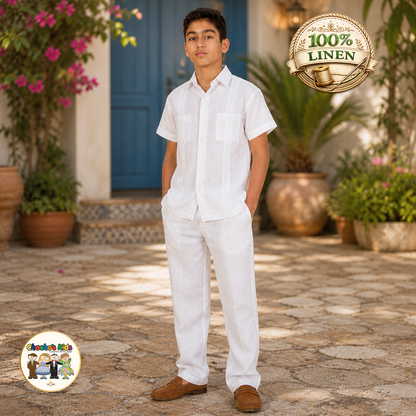 Boys 100% Linen Guayabera Set (White)