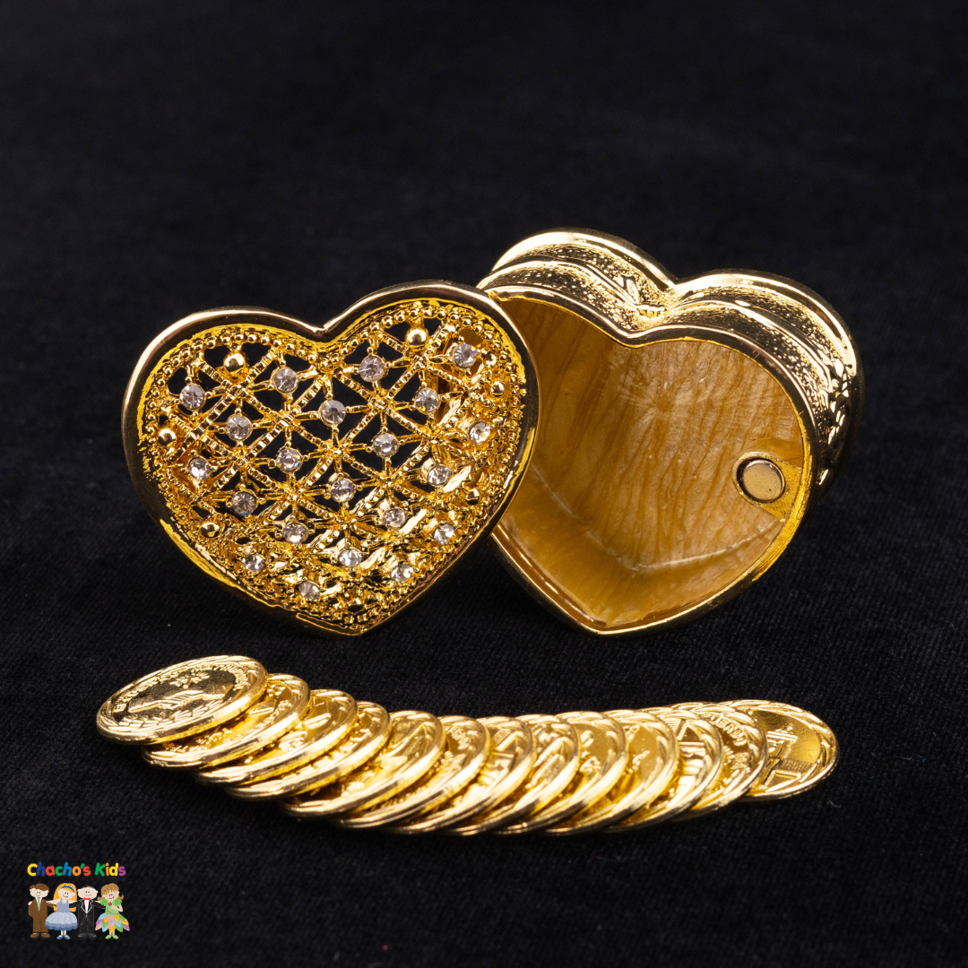 Wedding Arras-1.5" Gold Heart Arras Box and Coin Set with Rhinestones-Chacho's Kids