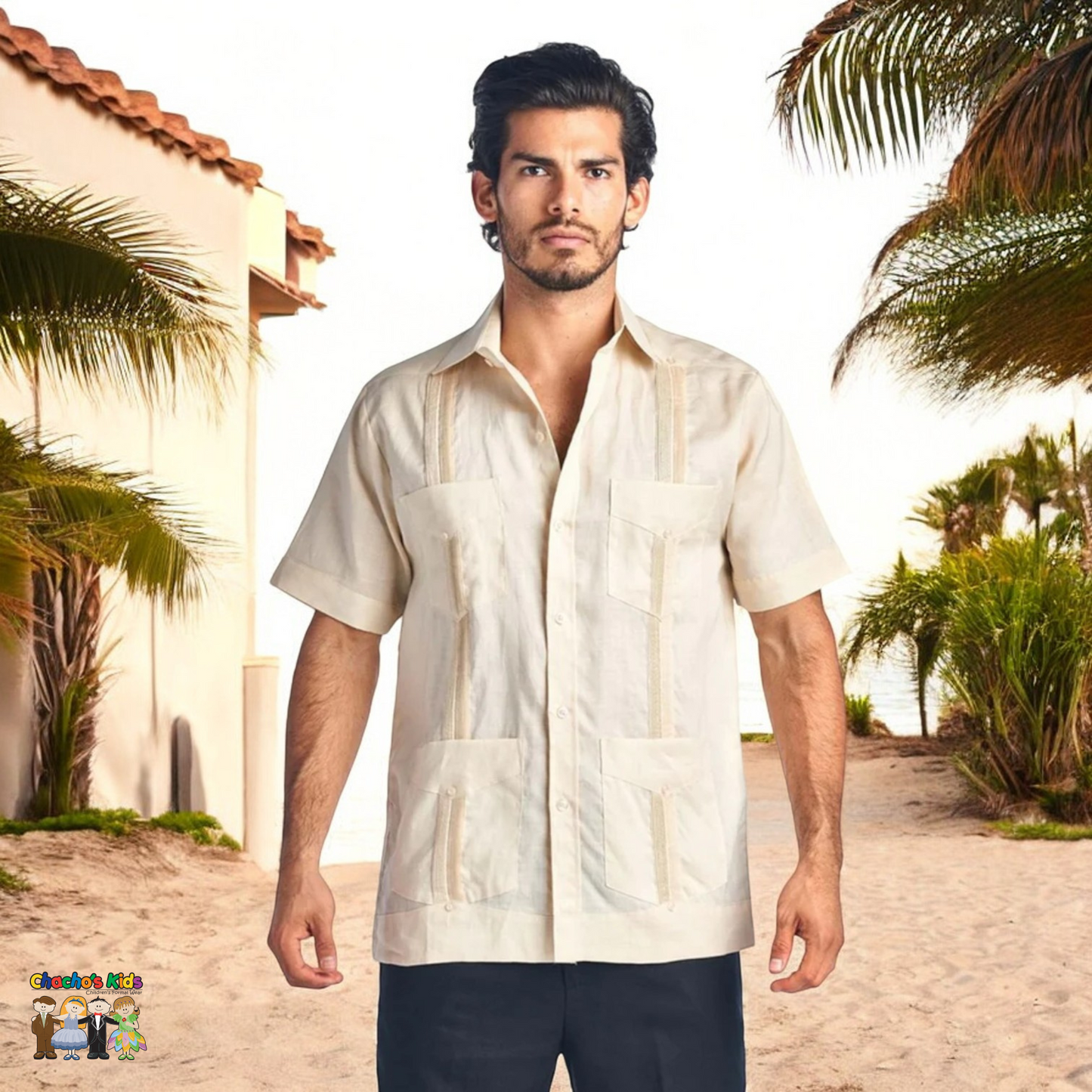 Men's Guayabera Linen (4678)-Boys-Champagne-S-Chacho’s Kids