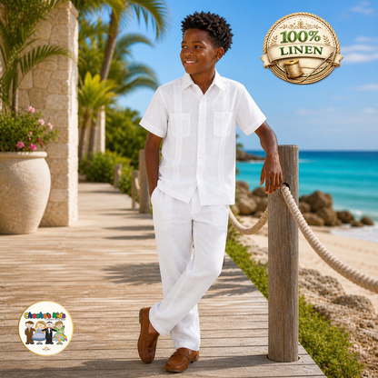 Boys 100% Linen Guayabera Set (White)