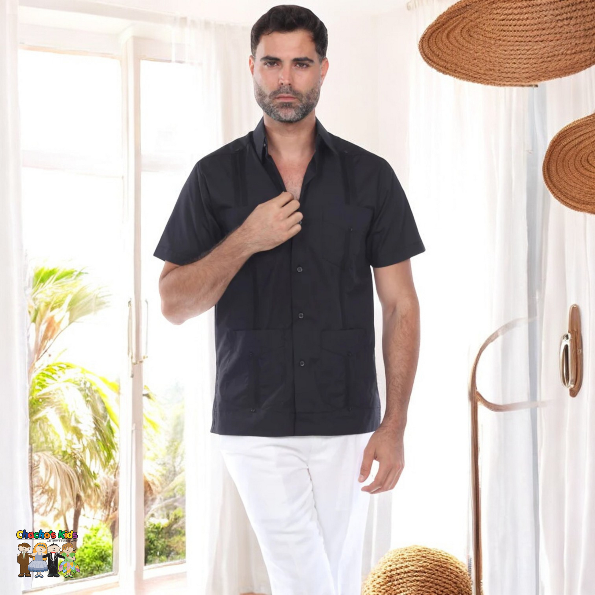 Men's Guayabera Linen (4678)-Boys-Black-S-Chacho’s Kids