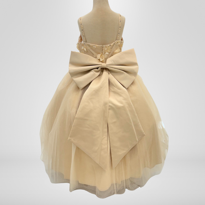 Champagne Floral Dress, Satin Bow, Back