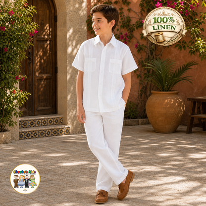 Boys 100% Linen Guayabera Set (White)
