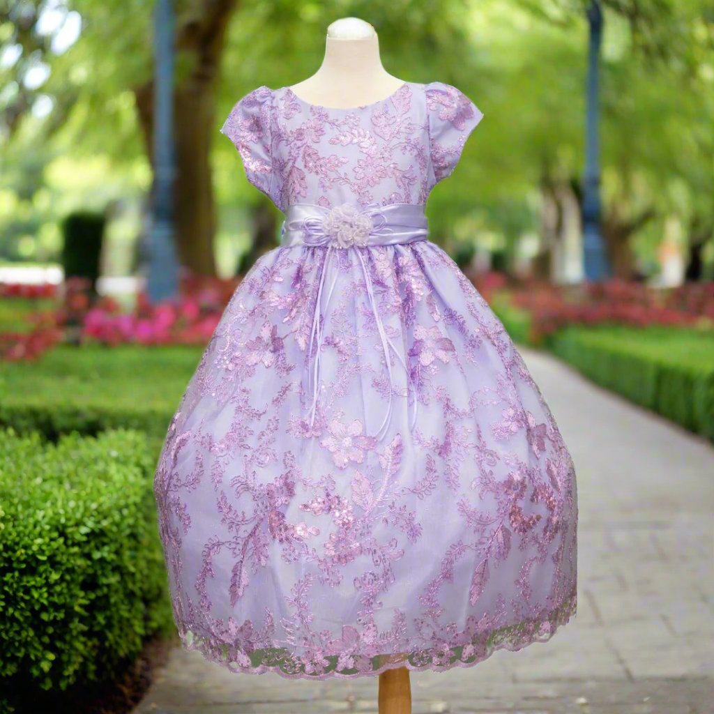Lilac embroidered flower girl dress with satin bow, cap sleeves and full tulle skirt
