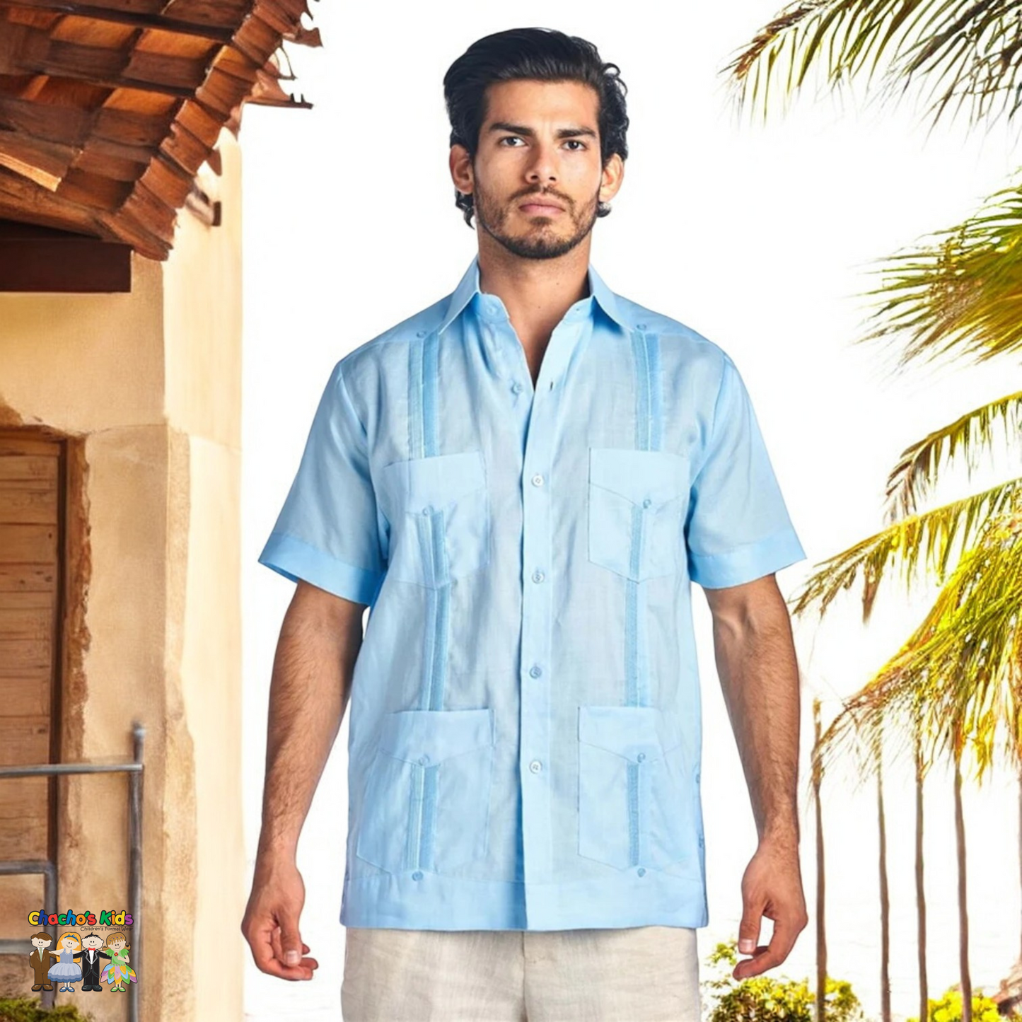 Men's Guayabera Linen (4678)-Boys-Light Blue-S-Chacho’s Kids