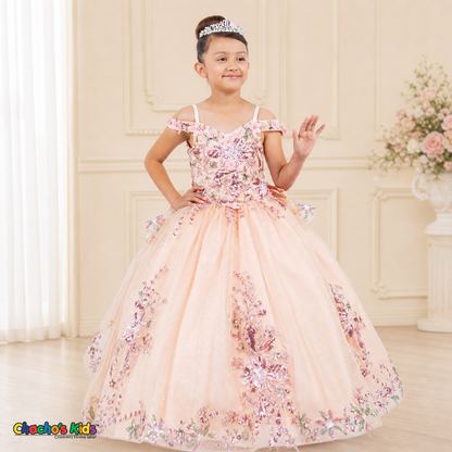 Blush mini quince ball gown on a girl model with floral sequin embroidery, off-shoulder neckline, and full glitter tulle skirt, style 8125