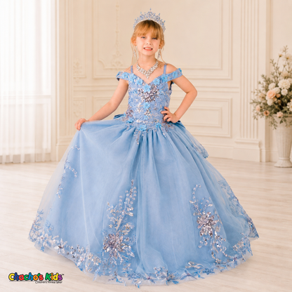 Victoria Blue mini quince ball gown on a girl model with floral sequin embroidery, off-shoulder neckline, and full tulle skirt, style 8125