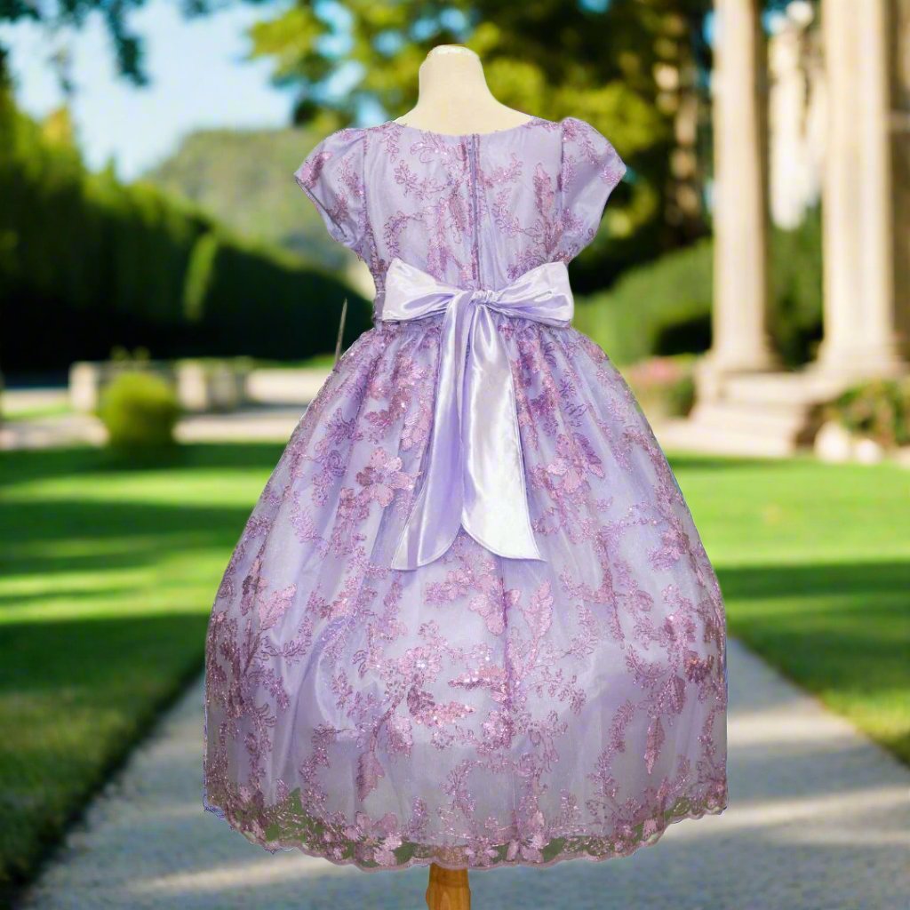 Lilac embroidered flower girl dress detail with floral bodice and full skirt