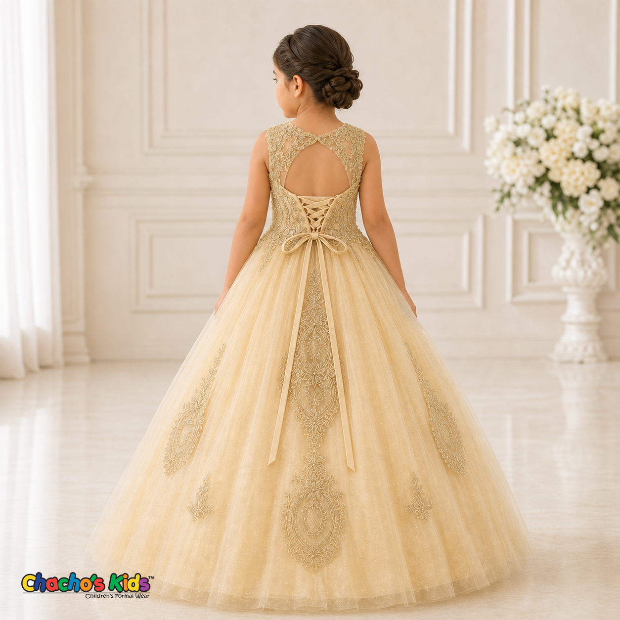 Champagne embroidered glitter tulle girls ball gown with corset back, style 9004-4 - Chacho's Kids