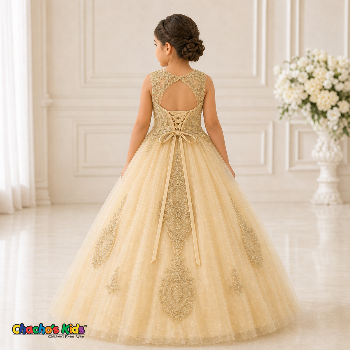 Champagne embroidered glitter tulle girls ball gown with corset back, style 9004-4 - Chacho's Kids