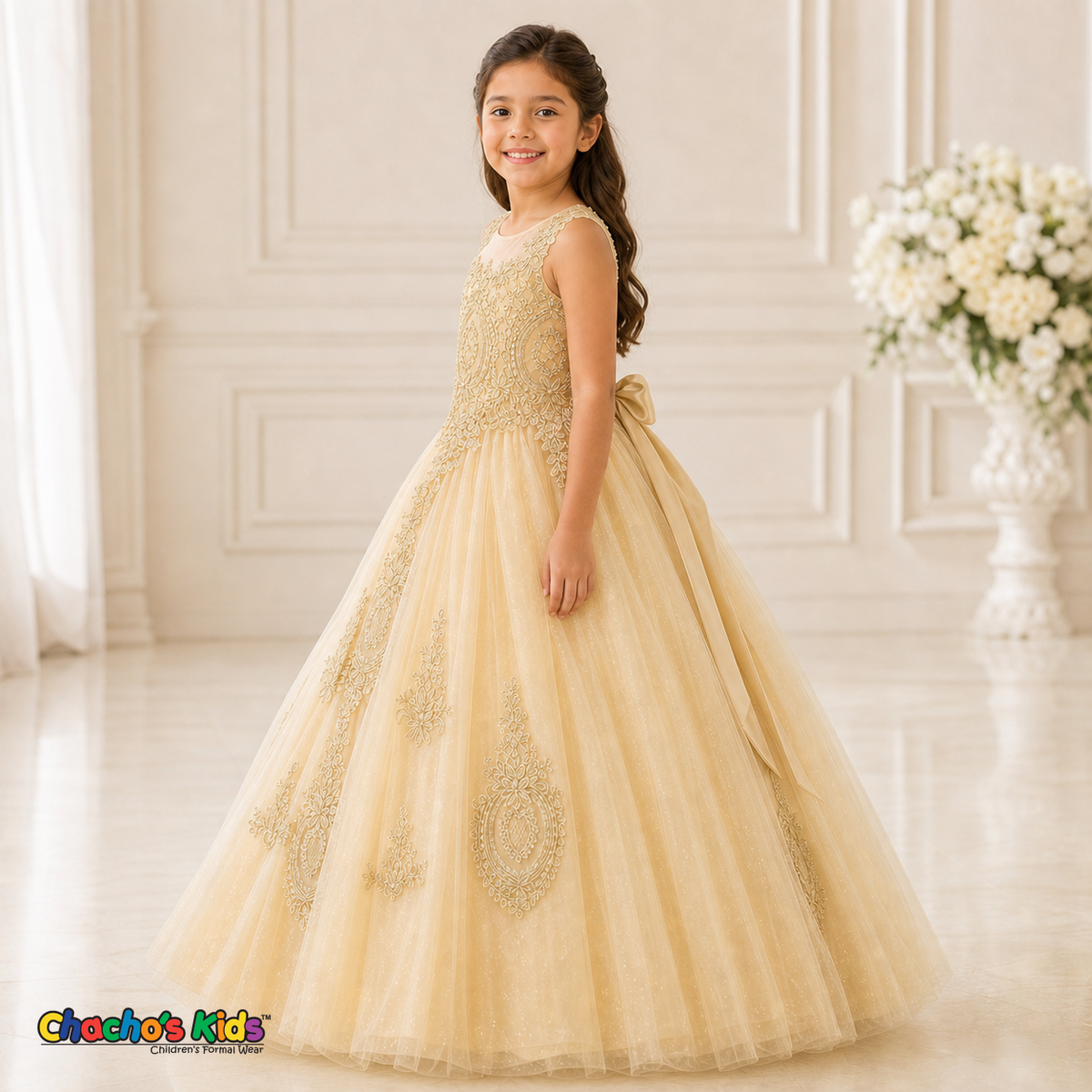 Champagne embroidered glitter tulle girls ball gown, left side view, style 9004-4 - Chacho's Kids