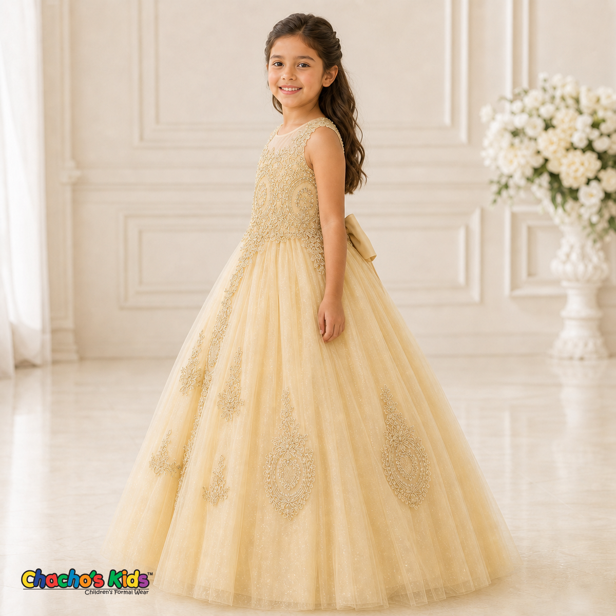 Champagne embroidered glitter tulle girls ball gown, right side view, style 9004-4 - Chacho's Kids