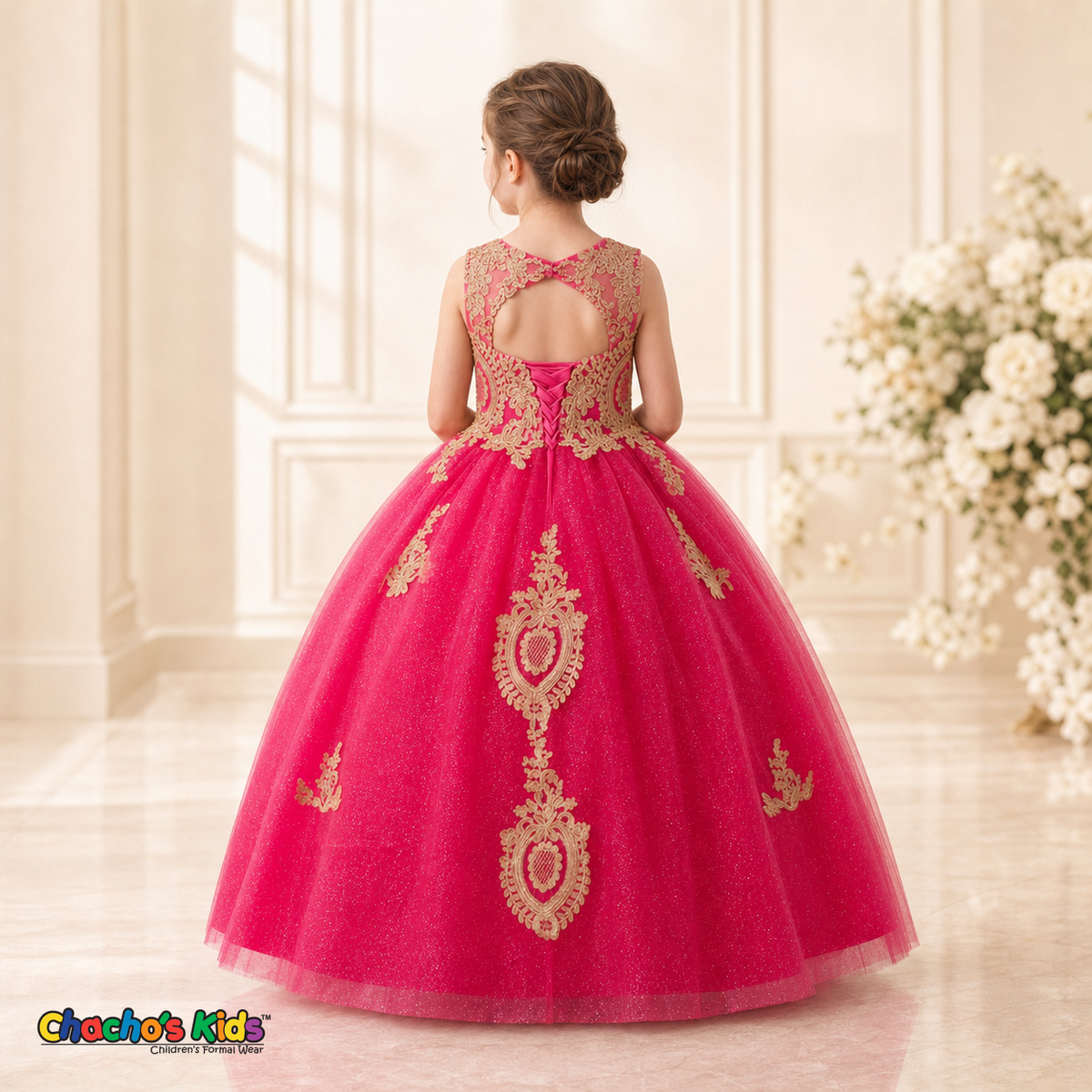 Fuchsia embroidered glitter tulle girls ball gown with corset back, style 9004-4 - Chacho's Kids