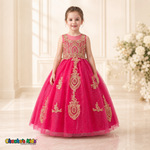 Fuchsia embroidered glitter tulle girls ball gown, front view, style 9004-4 - Chacho's Kids
