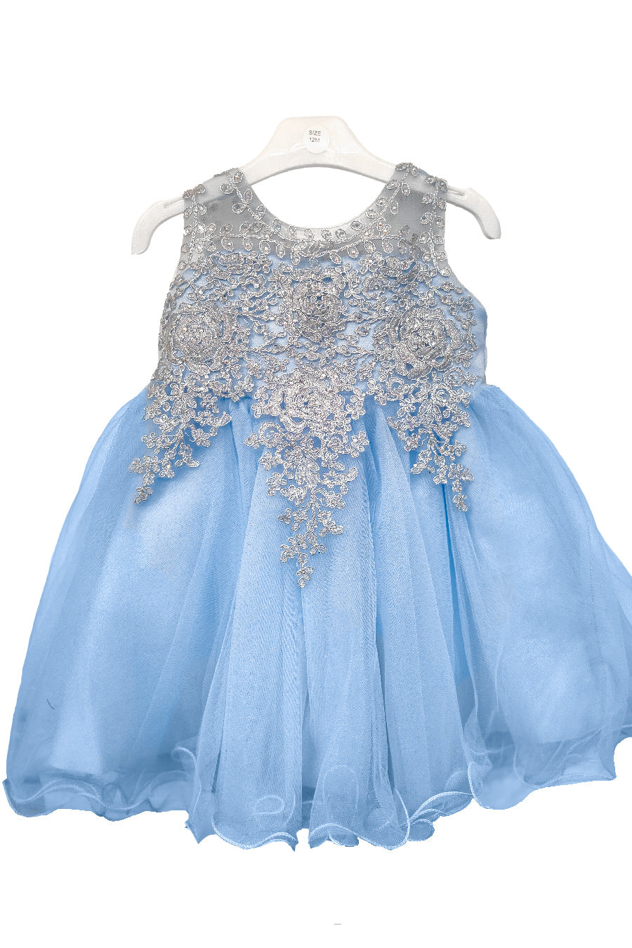 Baby Blue Baby Embroidered Tulle Dress with metallic floral lace and layered skirt, style 9004m - Chacho's Kids
